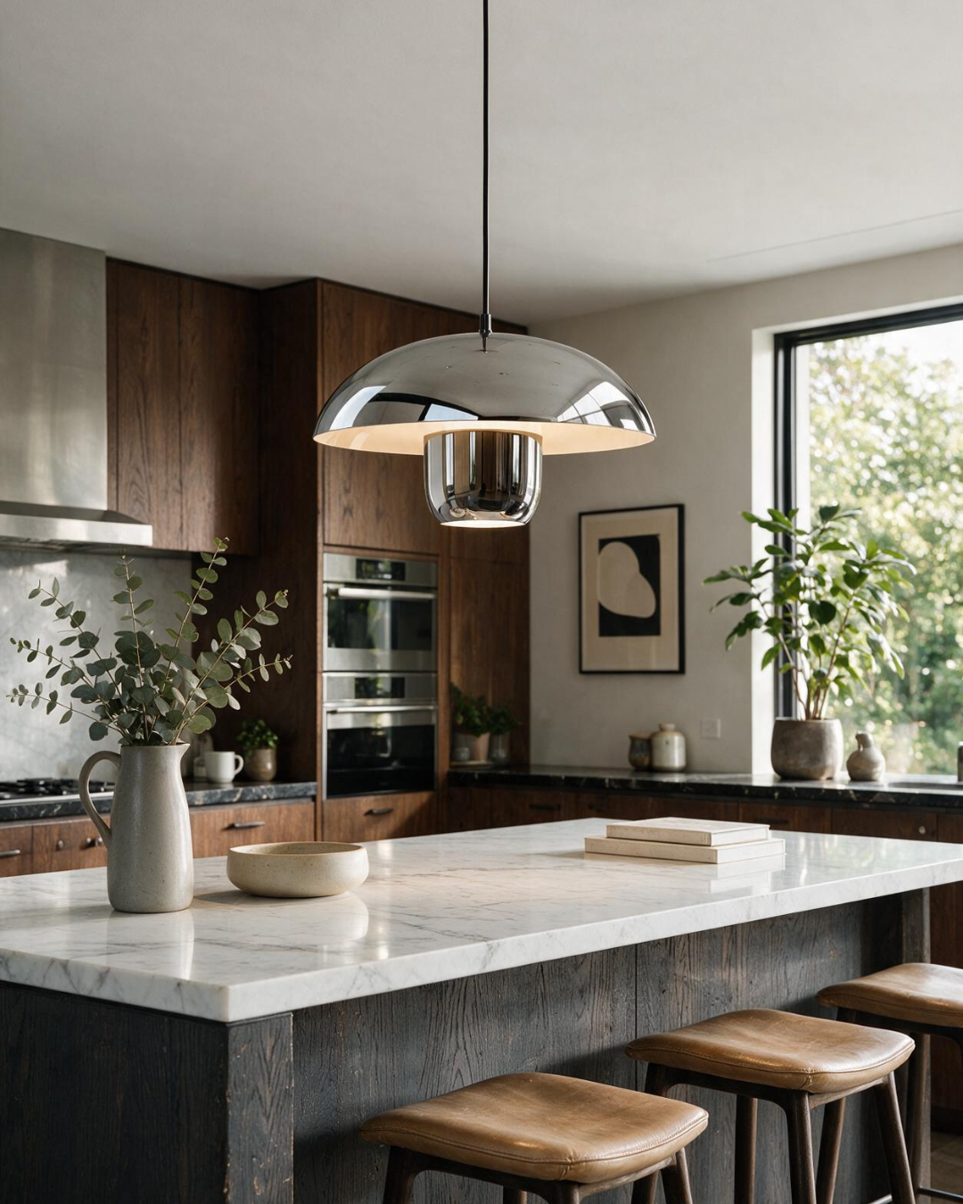 Metal pendant styled in a modern kitchen