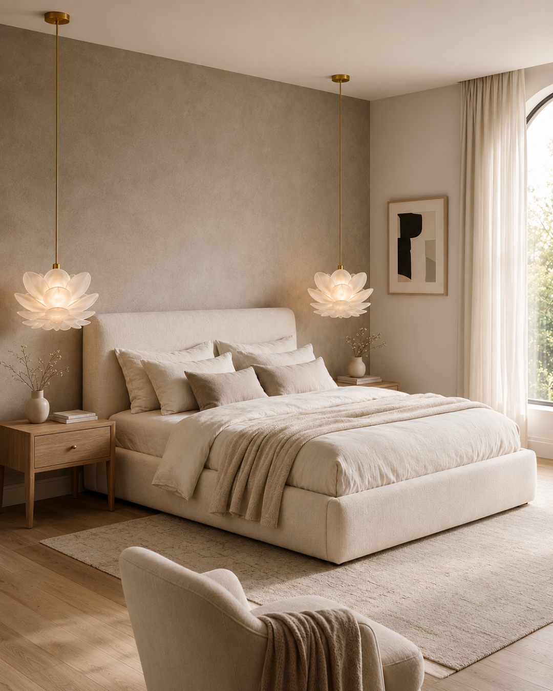 Flower pendants styled in a warm bedroom